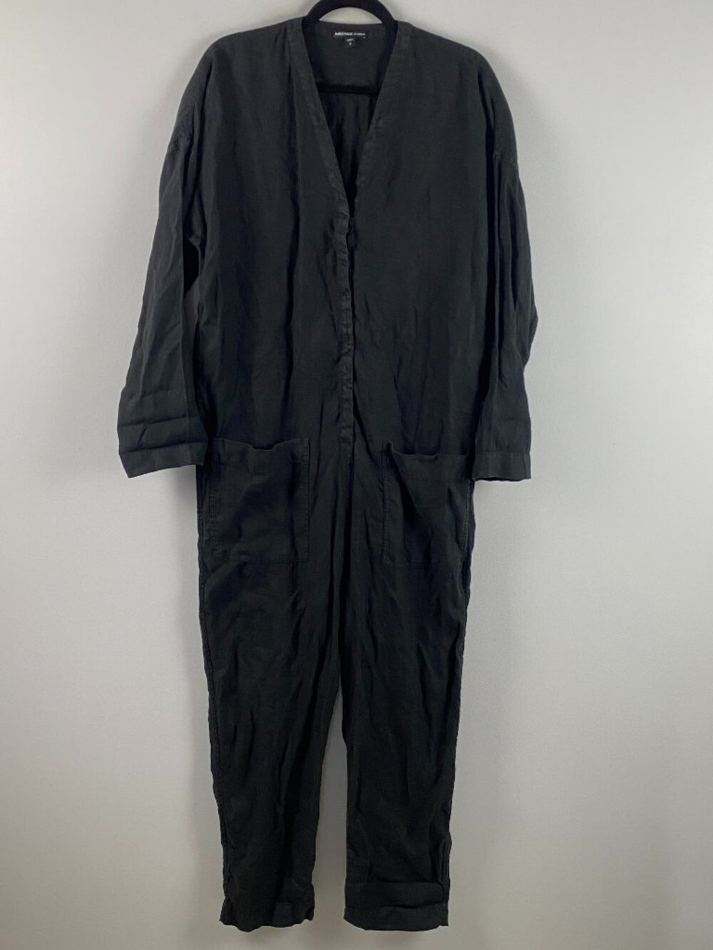 James Perse Linen V-Neck Jumpsuit Size 3 US Large Black Pockets